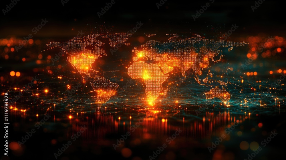 A map of the world with glowing lights, perfect for highlighting global connections or representing a futuristic concept A map of the world with glowing lights, perfect for highlighting global connections or representing a futuristic concept