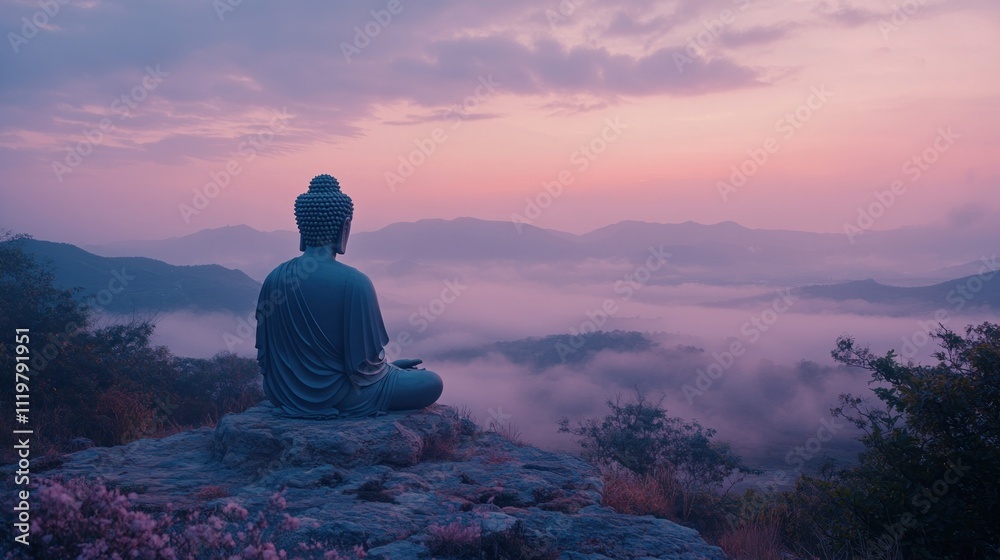 A Buddha statue sits atop a mountain overlooking a valley filled with fog and a pink sky. A Buddha statue sits atop a mountain overlooking a valley filled with fog and a pink sky.