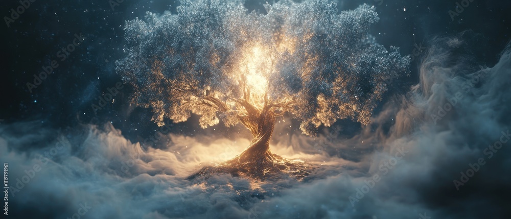 Glittering crystal tree illuminated by golden light in a mystical landscape during twilight Glittering crystal tree illuminated by golden light in a mystical landscape during twilight