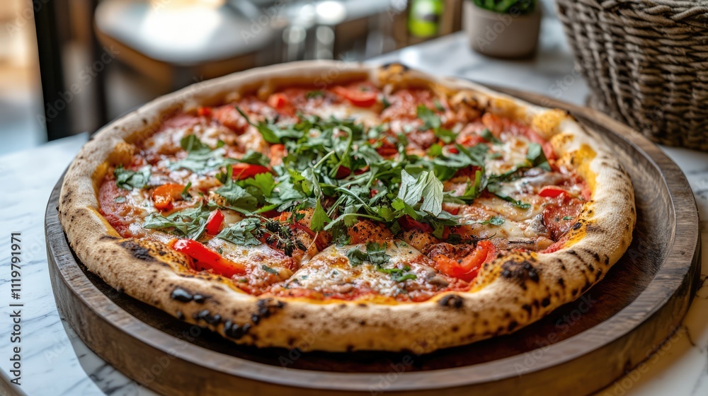 Delicious artisan pizza topped with fresh basil and colorful vegetables served on a wooden platter in a cozy dining setting Delicious artisan pizza topped with fresh basil and colorful vegetables served on a wooden platter in a cozy dining setting