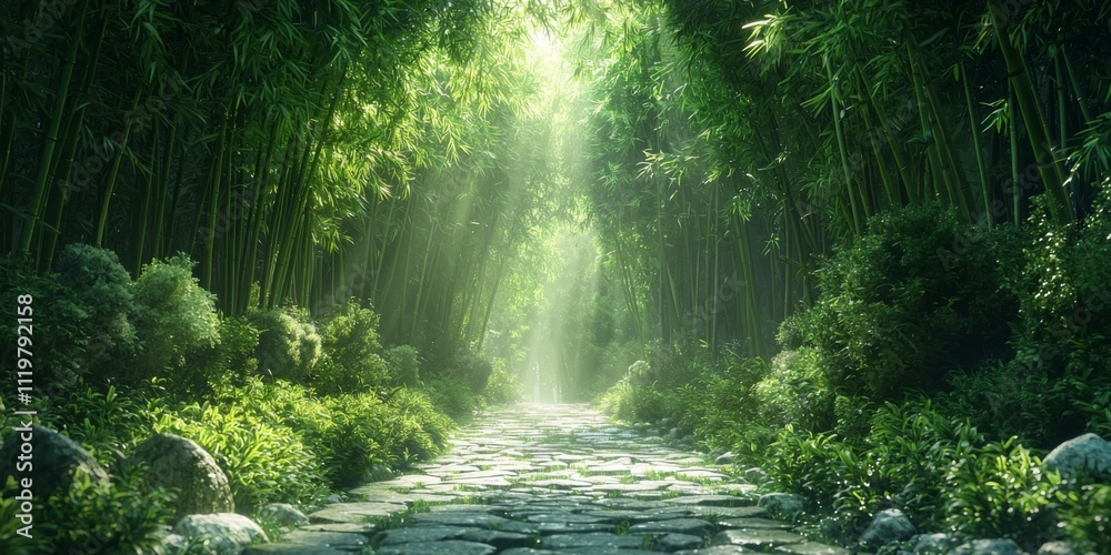 Serene Bamboo Forest Path Sunlit Stone Walkway Lush Greenery Tranquil Nature Scene Serene Bamboo Forest Path Sunlit Stone Walkway Lush Greenery Tranquil Nature Scene