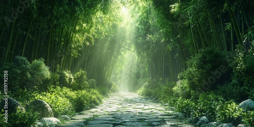 Serene Bamboo Forest Path Sunlit Stone Walkway Lush Greenery Tranquil Nature Scene