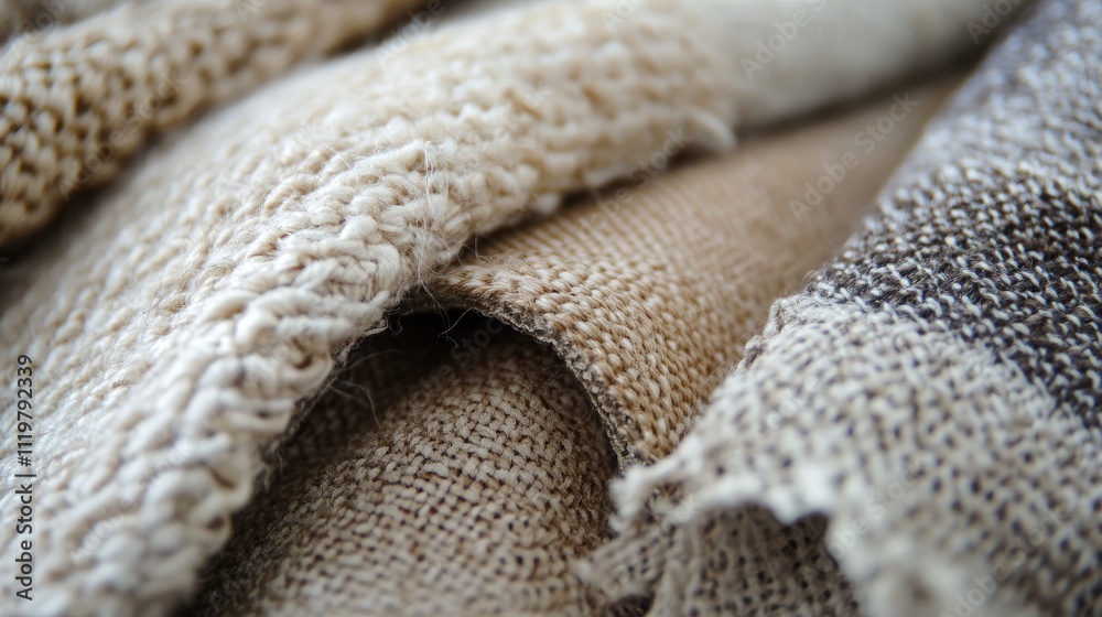 Textured fabric samples in natural tones showcasing detailed close-up patterns and weaves for textile and design inspiration Textured fabric samples in natural tones showcasing detailed close-up patterns and weaves for textile and design inspiration