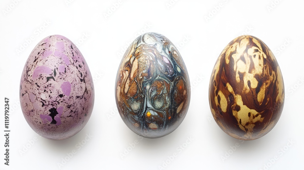 Decorative Easter eggs with unique patterns on a white background perfect for festive celebrations and seasonal promotions. Decorative Easter eggs with unique patterns on a white background perfect for festive celebrations and seasonal promotions.