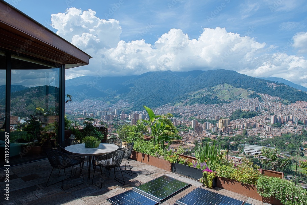 Breathtaking View of Medellín from a Modern Rooftop Terrace, Showcasing Lush Greenery, Scenic Mountains, and a Vibrant Cityscape Under a Clear Blue Sky Breathtaking View of Medellín from a Modern Rooftop Terrace, Showcasing Lush Greenery, Scenic Mountains, and a Vibrant Cityscape Under a Clear Blue Sky