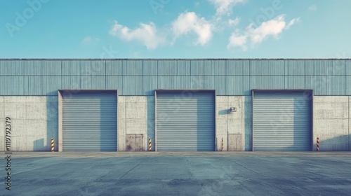 Modern Industrial Warehouse Exterior with Automatic Shutter Doors and Concrete Pavement under Blue Sky Ideal for Commercial Architecture Backgrounds