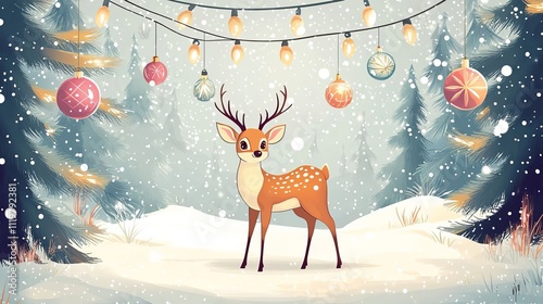 Christmas deer with Christmas ornaments and pine trees in the background, flat design illustration, vector style, winter landscape, snowing.