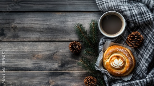 Cozy winter scene with soft plaid coffee mug cinnamon bun pine cones and greenery on wooden surface top view for seasonal aesthetics photo