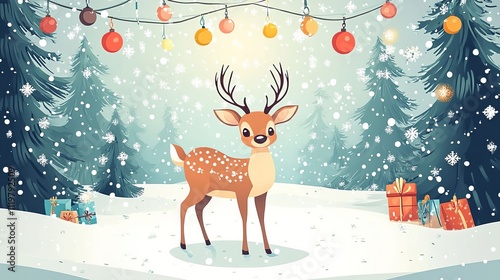 Christmas deer with Christmas ornaments and pine trees in the background, flat design illustration, vector style, winter landscape, snowing.