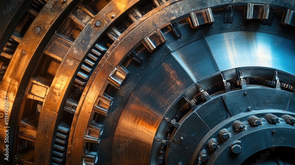 Fototapeta premium Industrial hydroelectric generator turbine close-up highlighting intricate mechanical details and advanced engineering in vintage machinery.