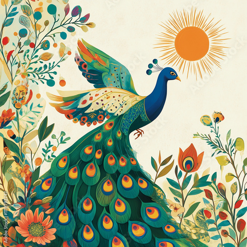 a bird with sun and flowers