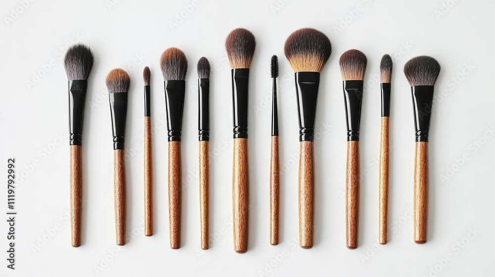 Variety of makeup brushes arranged on a clean white background showcasing beauty tools for cosmetics and artistry. Variety of makeup brushes arranged on a clean white background showcasing beauty tools for cosmetics and artistry.