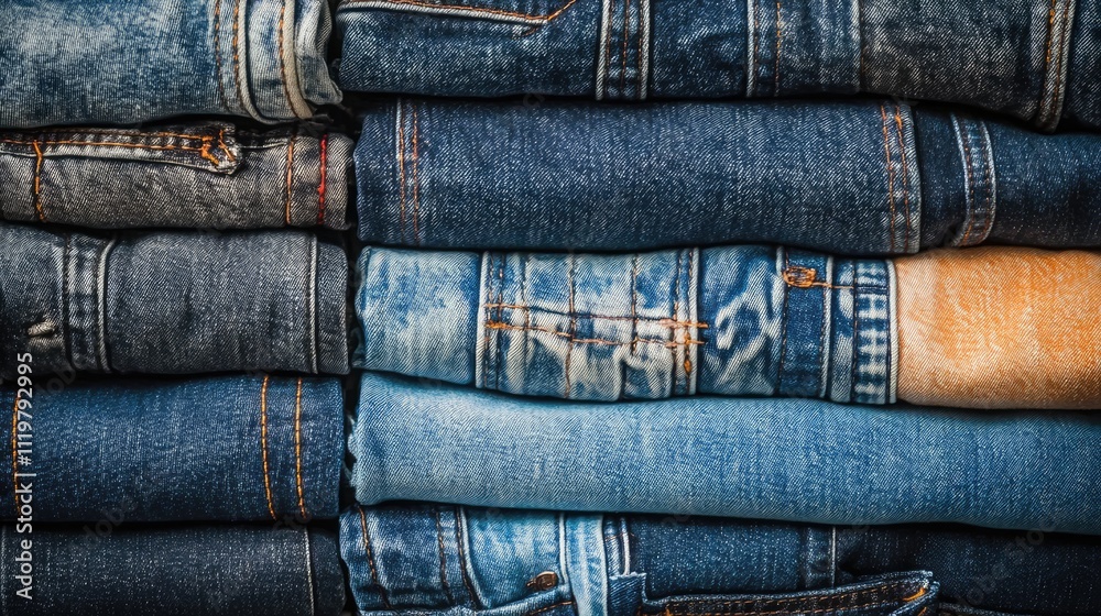 Stacked denim jeans in various shades showcasing texture and detail suitable for fashion and textile design backgrounds. Stacked denim jeans in various shades showcasing texture and detail suitable for fashion and textile design backgrounds.