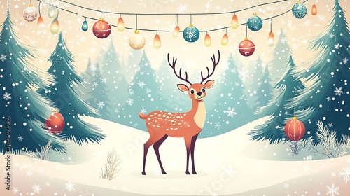 Christmas deer with Christmas ornaments and pine trees in the background, flat design illustration, vector style, winter landscape, snowing.