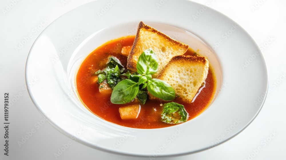 Vegetable soup served with toasted bread in a white dish on a minimalist background showcasing vibrant colors and fresh ingredients
