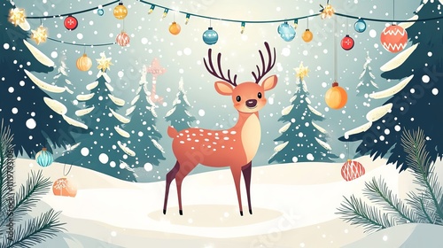 Christmas deer with Christmas ornaments and pine trees in the background, flat design illustration, vector style, winter landscape, snowing.