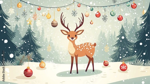 Christmas deer with Christmas ornaments and pine trees in the background, flat design illustration, vector style, winter landscape, snowing.