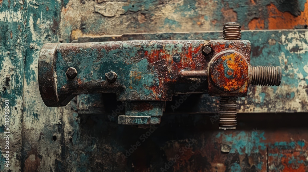 Close-up of aged, rusty vise mounted on a weathered workbench in a workshop, featuring vibrant corrosion and detailed textures, industrial, craftsmanship, tools, workshop setting. Close-up of aged, rusty vise mounted on a weathered workbench in a workshop, featuring vibrant corrosion and detailed textures, industrial, craftsmanship, tools, workshop setting.