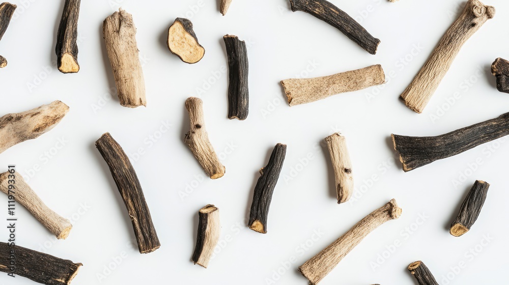 Dried liquorice roots arranged on a white background showcasing their natural textures and colors ideal for herbal and culinary themes Dried liquorice roots arranged on a white background showcasing their natural textures and colors ideal for herbal and culinary themes