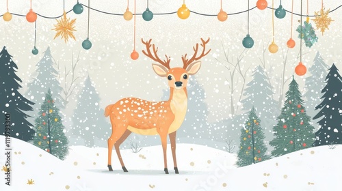 Christmas deer with Christmas ornaments and pine trees in the background, flat design illustration, vector style, winter landscape, snowing.