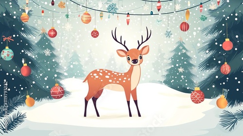 Christmas deer with Christmas ornaments and pine trees in the background, flat design illustration, vector style, winter landscape, snowing.