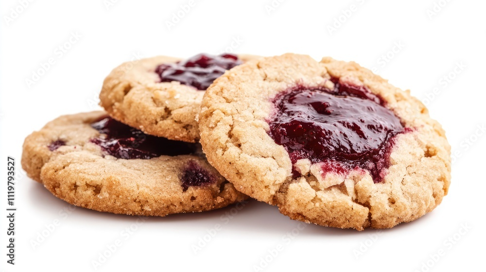 Close-up of fresh cookies filled with vibrant jam, isolated on a clean white background, highlighting textures and colors, food photography, dessert, culinary delights. Close-up of fresh cookies filled with vibrant jam, isolated on a clean white background, highlighting textures and colors, food photography, dessert, culinary delights.
