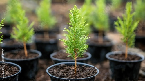 Young Cupressus macrocarpa conifer seedlings in black pots, growing in a greenhouse environment, showcasing green foliage and rich soil, gardening, cultivation, plant nursery, horticulture.
