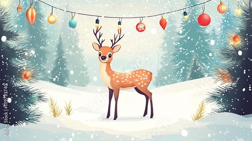 Christmas deer with Christmas ornaments and pine trees in the background, flat design illustration, vector style, winter landscape, snowing.