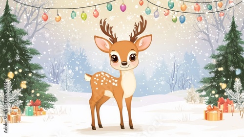 Christmas deer with Christmas ornaments and pine trees in the background, flat design illustration, vector style, winter landscape, snowing.