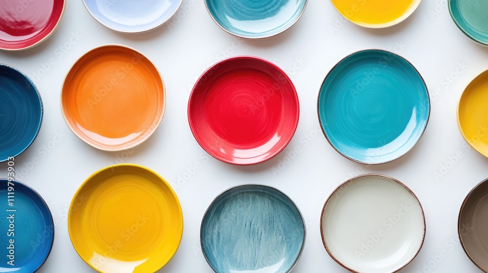 Vibrant, colorful ceramic plates arranged on a clean white background, showcasing a variety of shades and designs, tableware, kitchen, dining, food presentation. Vibrant, colorful ceramic plates arranged on a clean white background, showcasing a variety of shades and designs, tableware, kitchen, dining, food presentation.