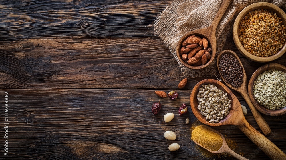 Assorted nuts and grains in wooden bowls on rustic table Assorted nuts and grains in wooden bowls on rustic table