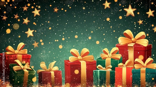 A background vector illustration of Christmas presents with a starry night sky, with a multitude of Christmas present boxes stacked on top of each other. 