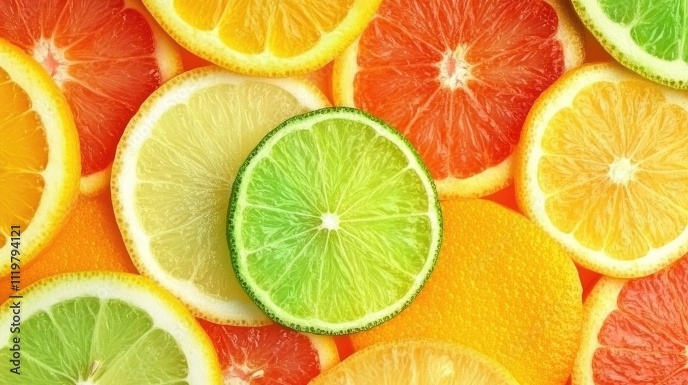 Obraz premium Vibrant assortment of colorful citrus fruit slices including oranges, limes, lemons, and grapefruits arranged on a white background, overhead view, food, freshness, healthy lifestyle.