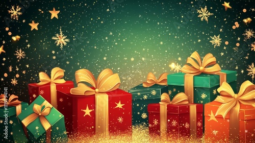 A background vector illustration of Christmas presents with a starry night sky, with a multitude of Christmas present boxes stacked on top of each other. 