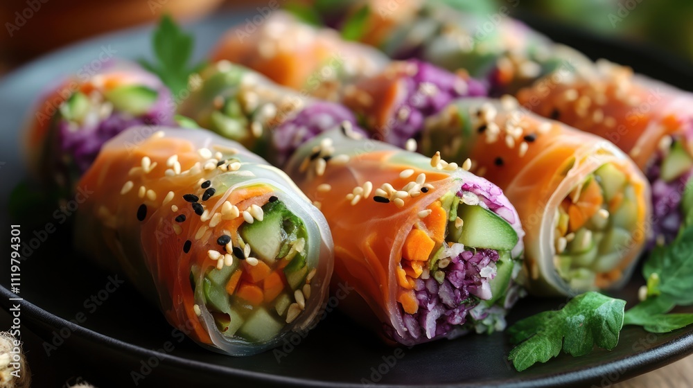 Fresh and colorful yam rolls made with rice paper, filled with vibrant vegetables, garnished with sesame seeds, served on a dark plate, healthy food, Asian cuisine, vibrant colors. Fresh and colorful yam rolls made with rice paper, filled with vibrant vegetables, garnished with sesame seeds, served on a dark plate, healthy food, Asian cuisine, vibrant colors.