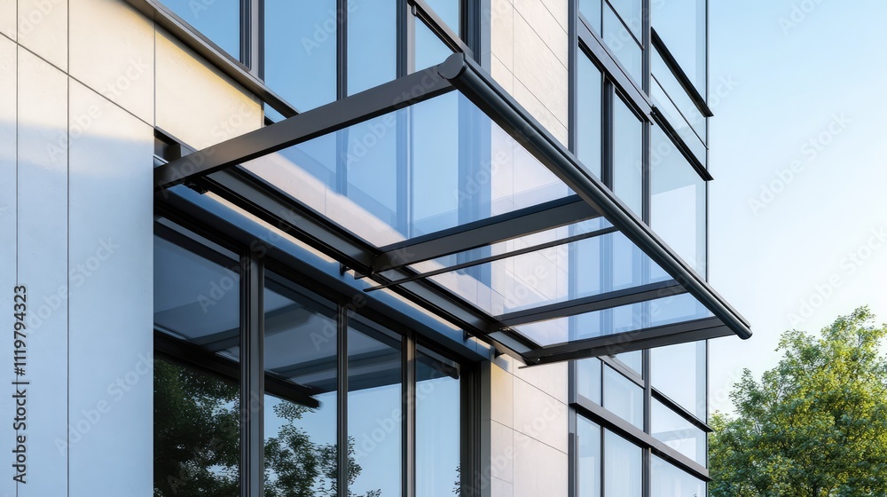 Modern steel and glass awning design on a contemporary building, providing shade and style, enhancing architecture with elegance and functionality, architecture, design, urban environment. Modern steel and glass awning design on a contemporary building, providing shade and style, enhancing architecture with elegance and functionality, architecture, design, urban environment.