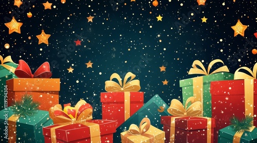 A background vector illustration of Christmas presents with a starry night sky, with a multitude of Christmas present boxes stacked on top of each other. 