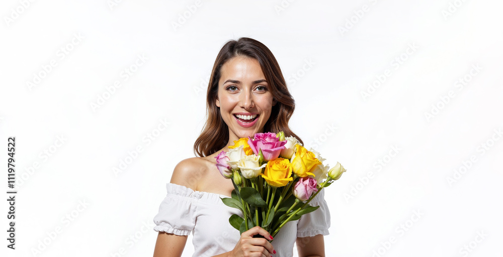 Beautiful smiling woman with bouquet of flowers on white background Beautiful smiling woman with bouquet of flowers on white background