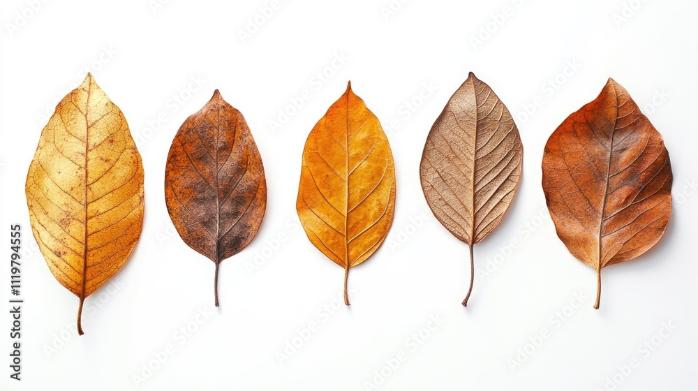 Fototapeta premium Dried autumn leaves in various shades arranged on a clean white background showcasing texture and color transition.