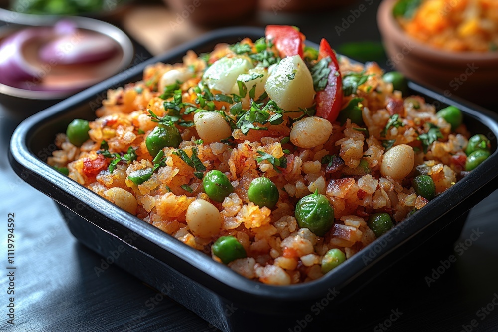 A simple meal consisting of rice and various vegetables served on a table A simple meal consisting of rice and various vegetables served on a table