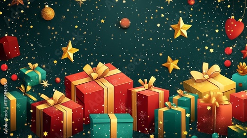 A background vector illustration of Christmas presents with a starry night sky, with a multitude of Christmas present boxes stacked on top of each other. 