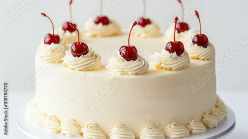 Elegant Lambeth style birthday cake adorned with cream cheese frosting and cocktail cherries on a clean white background photo