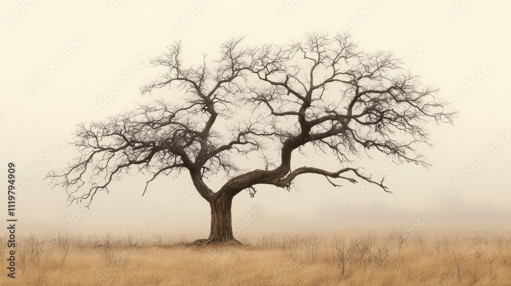 Lonely leafless tree in winter fog captures the beauty of desolation with dry branches against a soft sepia-toned background. Lonely leafless tree in winter fog captures the beauty of desolation with dry branches against a soft sepia-toned background.