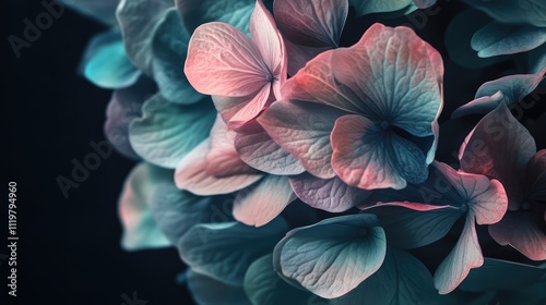 Soft focus closeup of pink and green hydrangea petals illuminated against a dark background showcasing delicate floral beauty and intricate textures photo