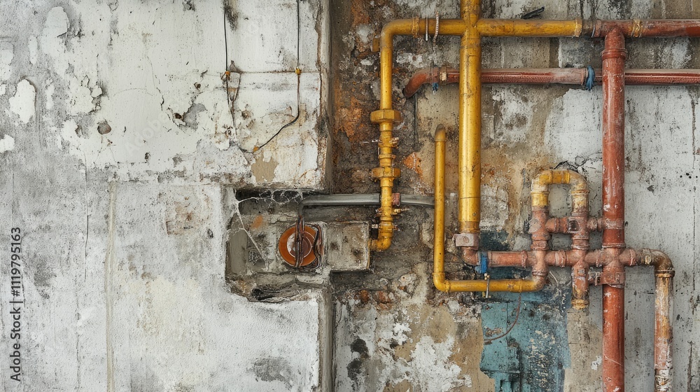 Exposed wall section with plumbing pipes and electrical wiring showcasing renovation work in home construction and repair industry Exposed wall section with plumbing pipes and electrical wiring showcasing renovation work in home construction and repair industry