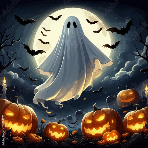 cloth ghosts on halloween pumkin background