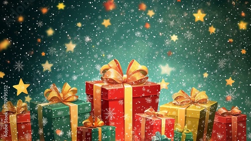 A background vector illustration of Christmas presents with a starry night sky, with a multitude of Christmas present boxes stacked on top of each other. 