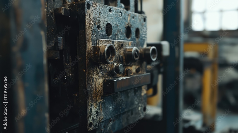 Close-up view of a vertical cutter machine in a workshop, highlighting textured metal surfaces, wear and tear, and intricate mechanical components, industrial machinery, manufacturing, craftsmanship. Close-up view of a vertical cutter machine in a workshop, highlighting textured metal surfaces, wear and tear, and intricate mechanical components, industrial machinery, manufacturing, craftsmanship.