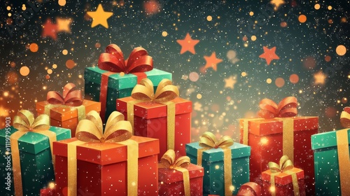 A background vector illustration of Christmas presents with a starry night sky, with a multitude of Christmas present boxes stacked on top of each other. 