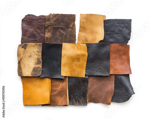Assorted leather texture samples on a white isolated background.